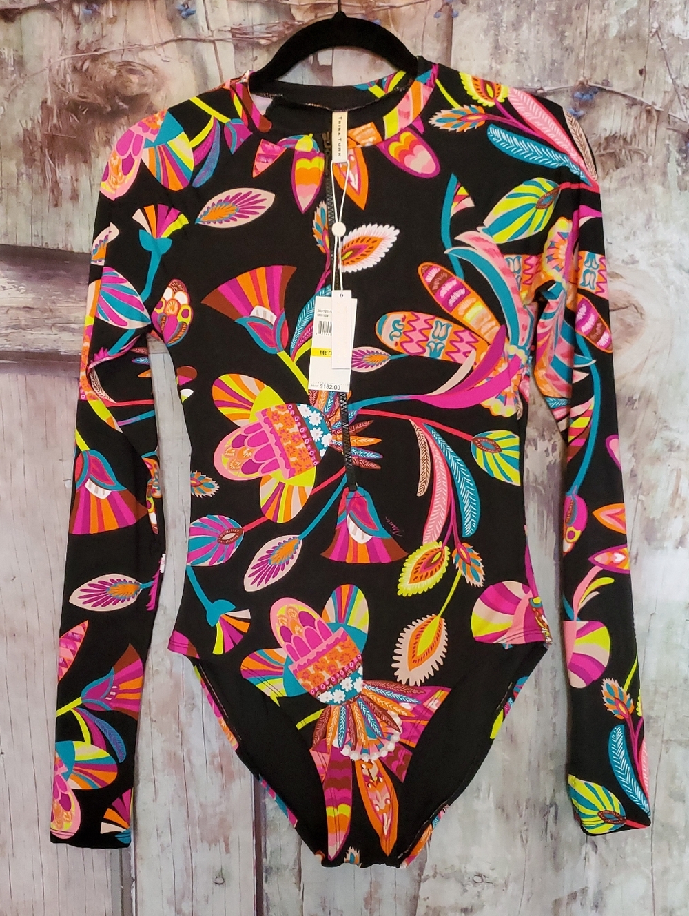 Trina Turk M One-Piece Swimsuit Long Sleeve Rash Guard  Zip Front